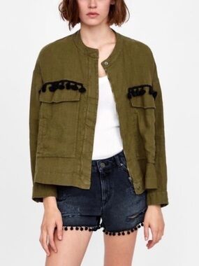 Zara Khaki Pompom Linen Jacket